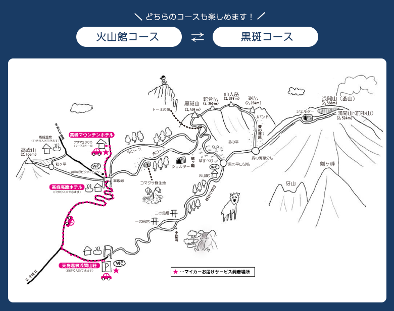 どちらのコースも楽しめます！火山館コース←→黒斑コース