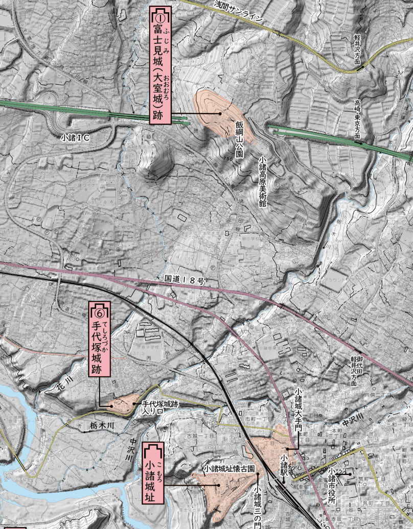 ▼案内図　「小諸市都市計画基本図、国土地理院・電子国土Web［陰影起伏図］」